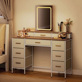 HOMCOM Masă de toaletă cu oglindă și lumini LED 3 culori, masă de machiaj 10 sertare din material textil, 118,5 x 39,5 x 140 cm natural | Aosom Romania