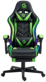 RESIGILAT- Scaun gaming, sistem iluminare bandă LED RGB, masaj în perna lombară, suport picioare, Negru/Verde