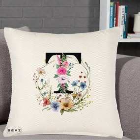 Cadou Personalizat - Perna Personalizata Monogram Litera T cu Flori Acuarela, 40x40 cm, Crem Reliefat, Husa Detasabila, Perna Inclusa, BEKZ®