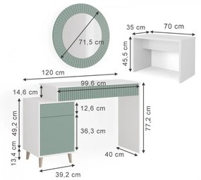 SEV201 - Set Masa alba toaleta 120 cm cosmetica machiaj, oglinda, masuta vanity, Alb-Verde