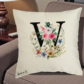 Cadou Personalizat - Perna Personalizata Monograma Florala Litera W, 40x40 cm, Ecru, Husa Detasabila, Perna Inclusa, BEKZ®