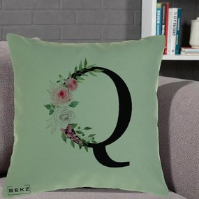 Cadou Personalizat - Perna Personalizata Monograma Florala Litera Q, 40x40 cm, Verde, Husa Detasabila, Perna Inclusa, BEKZ®
