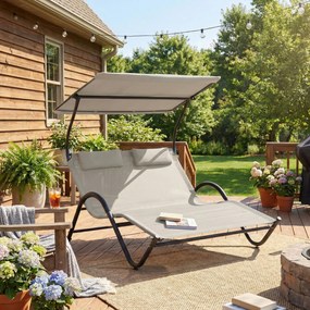 Outsunny Șezlong cu acoperiș, pernă și roți, oțel și poliester cremă | Aosom Romania