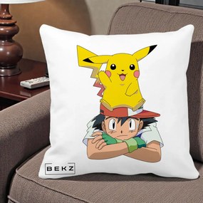 Perna Personalizata Ash si Pikachu, 40x40 cm, Alba Mata, Husa Detasabila, Perna Inclusa, BEKZ®