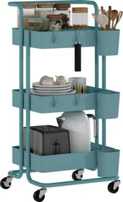 HOMCOM Cărucior cu 3 nivele etajeră cu 4 cârlige și 3 cutii suspendate amovibile pentru 42 x 38 x 86,5 cm albastru-verzui | Aosom Romania