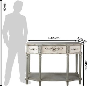 Consolă shabby chic din lemn, 3 sertare, finisaj gri antichizat, 120 cm, „Jacinthe"