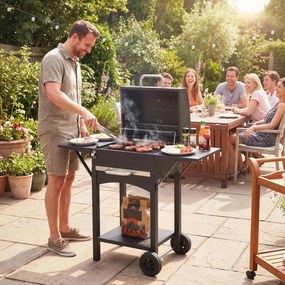 Outsunny Grătar pe cărbuni cu capac, BBQ Smoker cu 2 mese laterale, suprafață mare de gătit, grătar, termometru, roți | Aosom Romania