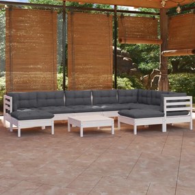 3096714 vidaXL Set mobilier grădină cu perne, 10 piese, alb, lemn masiv pin