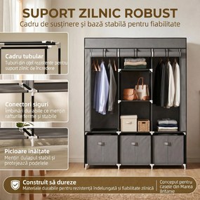 HOMCOM Șifonier din Pânză, Garderob Pliabil cu Rafturi și Sertare, Uși care se Rulează cu Fermoar, 125x43x162.5 cm, Gri | Aosom Romania