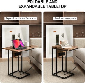 HOMCOM Măsuță de cafea în formă de C, extensibilă, cu 2 stații de încărcare, lemn și metal, 39x29x57 cm, negru și maro | Aosom Romania