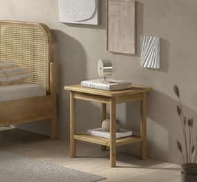 Pat dublu OLIVE, 180 x 200 cm, cu tăblie cu lamele rotunjite și aspect lemn de stejar, design modern, fără somieră inclusă, cu noptieră cu două
