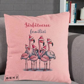 Perna Decorativa Flamingo Craciun Sarbatoarea Familiei, 40x40 cm, Roz, Husa Detasabila, Perna Inclusa, BEKZ®