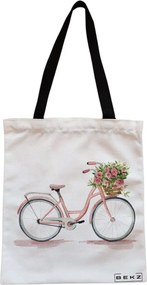 Sacosa de Panza pentru Cumparaturi, Geanta Tote, model Pink Bicycle, Cu fermoar, 38x34.5 cm, Alba, BEKZ®
