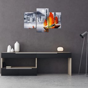 Tablou - Victoria Harbour, Hong Kong, pictură în ulei alb- negru (90x60 cm)