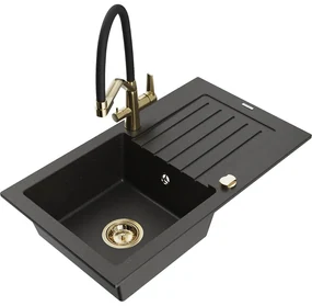 Mexen Pablo chiuvetă de bucătărie granit 1-cu o cameră cu scurgător și baterie Duo, negru/auriu metalic - 6510-75-671701-57-G