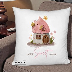 Perna Decorativa Home Sweet Home Casuta, 40x40 cm, Alb Pufos, Husa Detasabila, Perna Inclusa, BEKZ®
