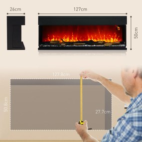 HOMCOM Șemineu Electric Încorporabil cu Efect de Flăcări 3D, Oprire Automată și Termostat, 127x26x50 cm, Negru | Aosom Romania