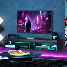 HOMCOM Suport TV Plutitor cu Lumini LED pentru Televizoare de Până la 190 cm, Consolă Media cu Raft de Depozitare, 180x40x30 cm, Negru | Aosom Romania