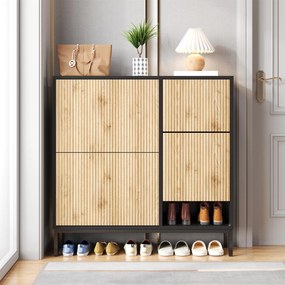 Dulap pentru pantofi cu taburet pentru schimbarea pantofilor, 3 compartimente cu suprafețe de depozitare, 100x25x100 cm, Negru+Culoare naturală