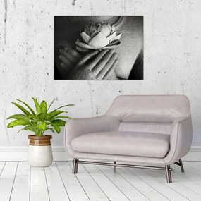 Tablou pe sticlă - Lotus în mâinile lui Buddha (70x50 cm)