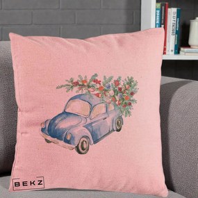 Perna Decorativa Masinuta Albastra cu Brad de Craciun, 40x40 cm, Roz, Husa Detasabila, Perna Inclusa, BEKZ®