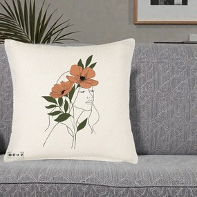 Perna Decorativa Portret Feminin Doua Maci Terracotta, 40x40 cm, Crem Reliefat, Husa Detasabila, Perna Inclusa, BEKZ®