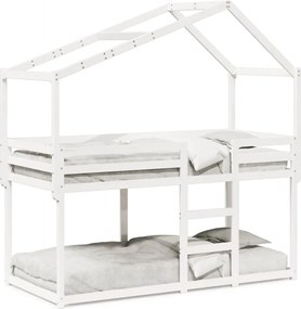 vidaXL Pat supraetajat cu acoperiș, alb, 90x200 cm, lemn masiv de pin