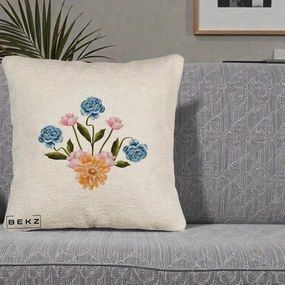 Perna Decorativa Buchet Primavara Acuarela, 40x40 cm, Bej Canapea, Husa Detasabila, Perna Inclusa, BEKZ®