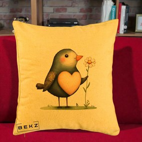 Perna Decorativa Pasare cu Inima si Margareta, 40x40 cm, Galben, Husa Detasabila, Perna Inclusa, BEKZ®