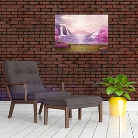 Tablou cu pomi roz cu lac (70x50 cm)