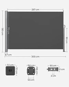 Copertina laterala pentru gradina / terasa, 180 x 300 cm, metal / poliester, antracit, Songmics