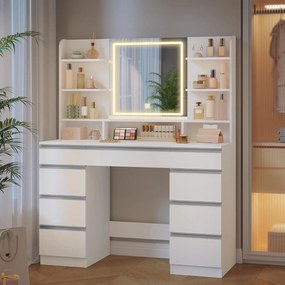 Masuta machiaj cu Oglinda LED si 9 Sertare pentru Cosmetice, Set Masa toaleta 109 cm, Alb, masuta cosmetica, vanity - SEA18