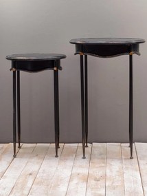 Set 2 măsuțe laterale vintage înalte din metal, negru, cu blat oval și șorț ondulat, finisaj patinat, 76 x 50 x 43 cm, „Orleans”