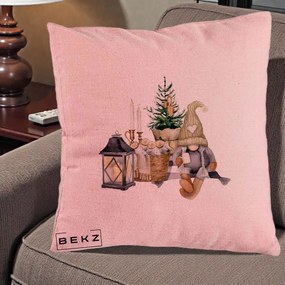 Perna Decorativa Gnom Scandinav cu Felinar, 40x40 cm, Roz, Husa Detasabila, Perna Inclusa, BEKZ®