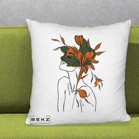 Perna Decorativa Portret Feminin Crin Auriu, 40x40 cm, Alb Pufos, Husa Detasabila, Perna Inclusa, BEKZ®