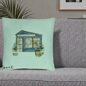 Perna Decorativa Casa de Iarna Watercolor, 40x40 cm, Verde Menta, Husa Detasabila, Perna Inclusa, BEKZ®