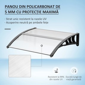 Outsunny Copertină Usa din Policarbonat, Acoperiș pentru Ușă sau Fereastră Impermeabilă Anti-UV, 75x120x23cm, Transparent si negru| Aosom Romania