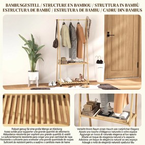 HOMCOM Cuier din Bambus cu Raft pentru Încălțăminte, 2 Cârlige, Cuier Mobil pentru Hol, Sufragerie, Natural | Aosom Romania