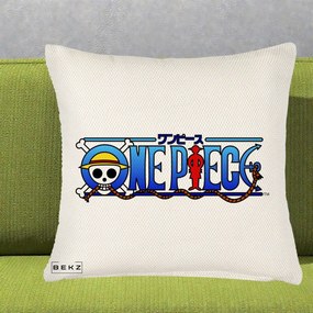 Perna Personalizata One Piece Clasic Albastru, 40x40 cm, Crem Reliefat, Husa Detasabila, Perna Inclusa, BEKZ®