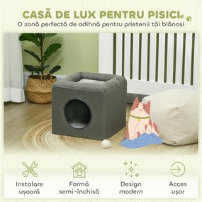 PawHut Căsuță pentru Pisici cu 2 Nivele și Pernă din Pluș, din Lemn, Poliester și Plastic, 36.5x36.5x33 cm, Verde | Aosom Romania