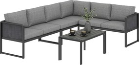 Outsunny Set canapea colțar de grădină din metal, 3 fotolii, măsuță cu efect lemn, gri închis | Aosom Romania