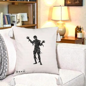 Perna Decorativa Mormii Infricosat Silueta Neagra Halloween, 40x40 cm, Bej cu Franjuri, Husa Detasabila, Perna Inclusa, BEKZ®