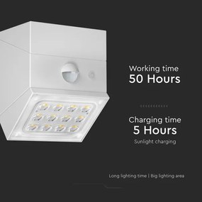 Lampă solară LED de perete cu senzor, 2,5W/3,7V, IP65, 1200 mAh, albă