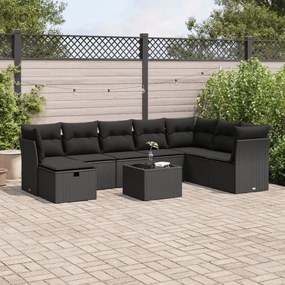 3325341 vidaXL Set mobilier de grădină cu perne, 9 piese, negru, poliratan