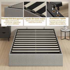 HOMCOM Cadru Pat Matrimonial 140x190 cm, Pat cu Spațiu de Depozitare, Pistoane cu Gaz, Lamele din Lemn, Fără Saltea, Silențios, Ușor de Montat, Înălțime 28 cm, Gri | Aosom Romania