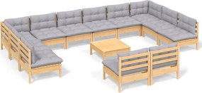 vidaXL Set mobilier grădină cu perne, 13 piese, gri, lemn masiv pin