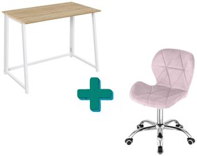 Set pentru birou – birou pliabil ZARIMO 80×40 cm alb + scaun de birou AVOLA VELVET roz