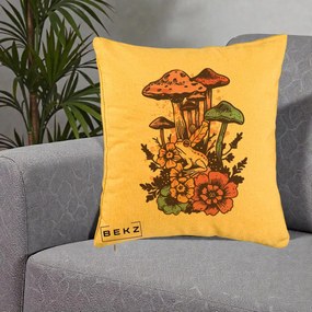 Perna Decorativa Ciuperci si Broaste Boho, 40x40 cm, Galben, Husa Detasabila, Perna Inclusa, BEKZ®