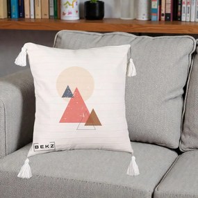 Perna Decorativa Geometric Munti si Soare, 40x40 cm, Bej cu Franjuri, Husa Detasabila, Perna Inclusa, BEKZ®