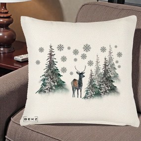 Perna Decorativa Ren in Padure Inzapezita, 40x40 cm, Crem Reliefat, Husa Detasabila, Perna Inclusa, BEKZ®